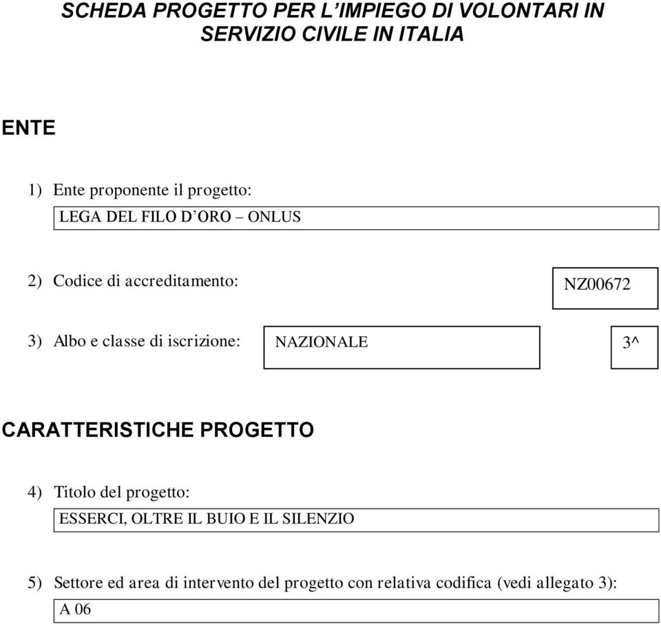 iscrizione: NAZIONALE 3^ CARATTERISTICHE PROGETTO 4) Titolo del progetto: ESSERCI, OLTRE IL BUIO E