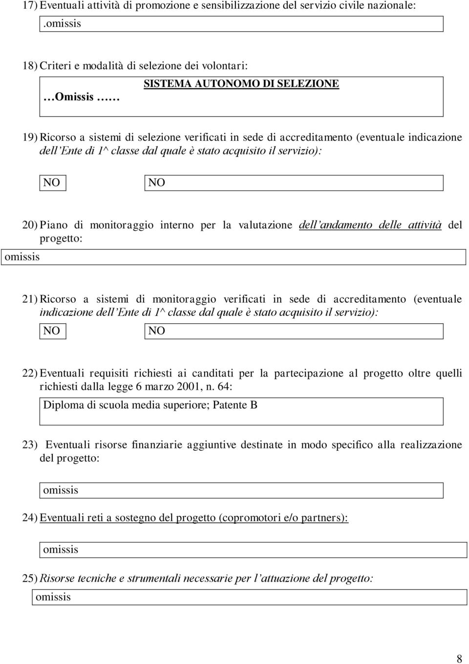 dal quale è stato acquisito il servizio): 20) Piano di monitoraggio interno per la valutazione dell andamento delle attività del progetto: 21) Ricorso a sistemi di monitoraggio verificati in sede di