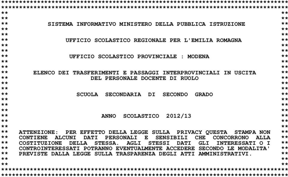 ** DEL PERSONALE DOCENTE DI RUOLO ** ** SCUOLA SECONDARIA DI SECONDO GRADO ** ** ANNO SCOLASTICO 2012/13 ** ** ATTENZIONE: PER EFFETTO DELLA LEGGE SULLA PRIVACY QUESTA STAMPA NON ** ** CONTIENE