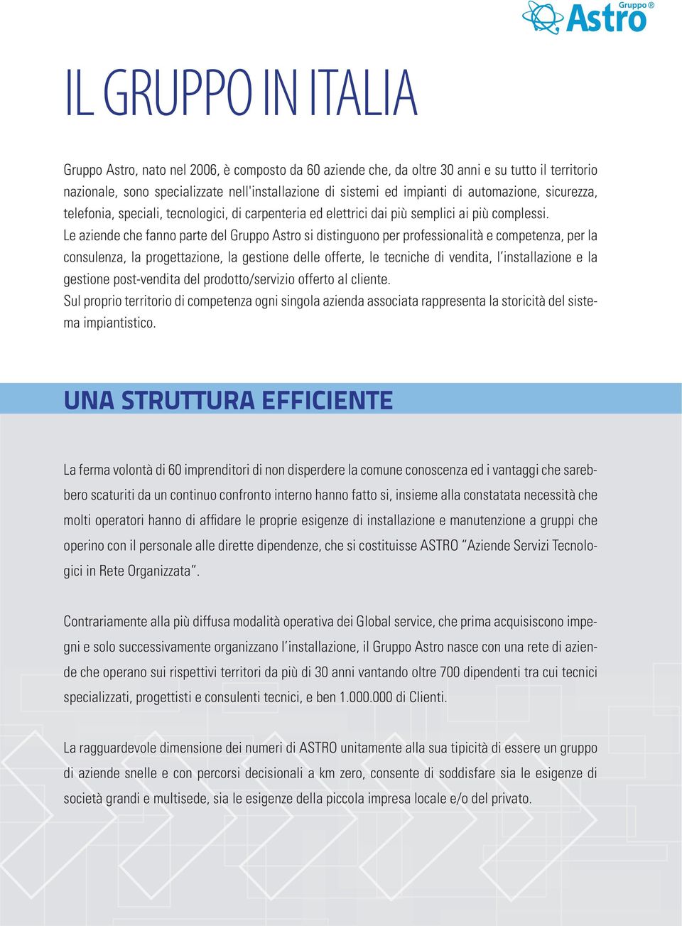 Le aziende che fanno parte del Gruppo Astro si distinguono per professionalità e competenza, per la consulenza, la progettazione, la gestione delle offerte, le tecniche di vendita, l installazione e