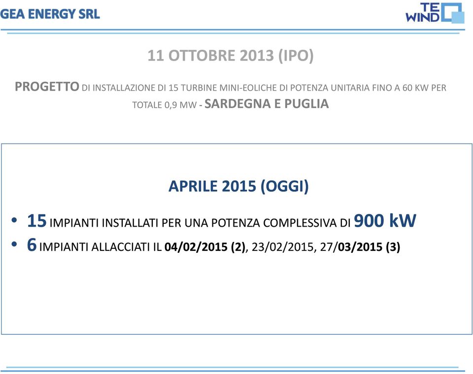 SARDEGNA E PUGLIA APRILE 2015 (OGGI) 15 IMPIANTI INSTALLATI PER UNA