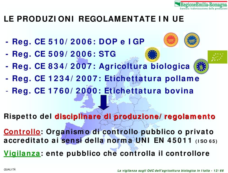CE 1760/2000: Etichettatura bovina Rispetto del disciplinare di produzione/regolamento Controllo: Organismo di controllo