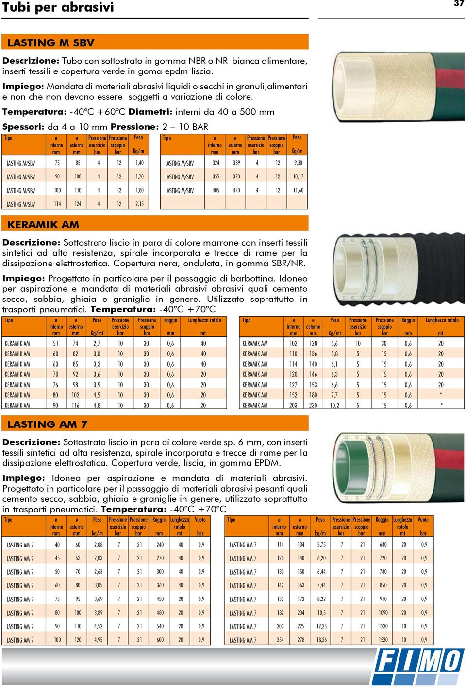 Temperatura: -40 C +60 C Diametri: interni da 40 a 500 mm Spessori: da 4 a 10 mm Pressione: 2 10 BAR mm mm bar bar Kg/m mm mm bar bar Kg/m LASTING M/SBV 75 85 4 12 1,40 LASTING M/SBV 90 100 4 12 1,70