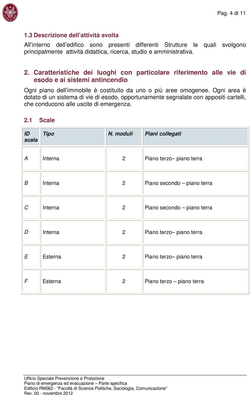 Caratteristiche dei luoghi con particolare riferimento alle vie di esodo e ai sistemi antincendio Ogni piano dell immobile è costituito da uno o più aree omogenee.