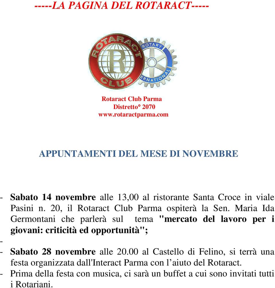 20, il Rotaract Club Parma ospiterà la Sen.