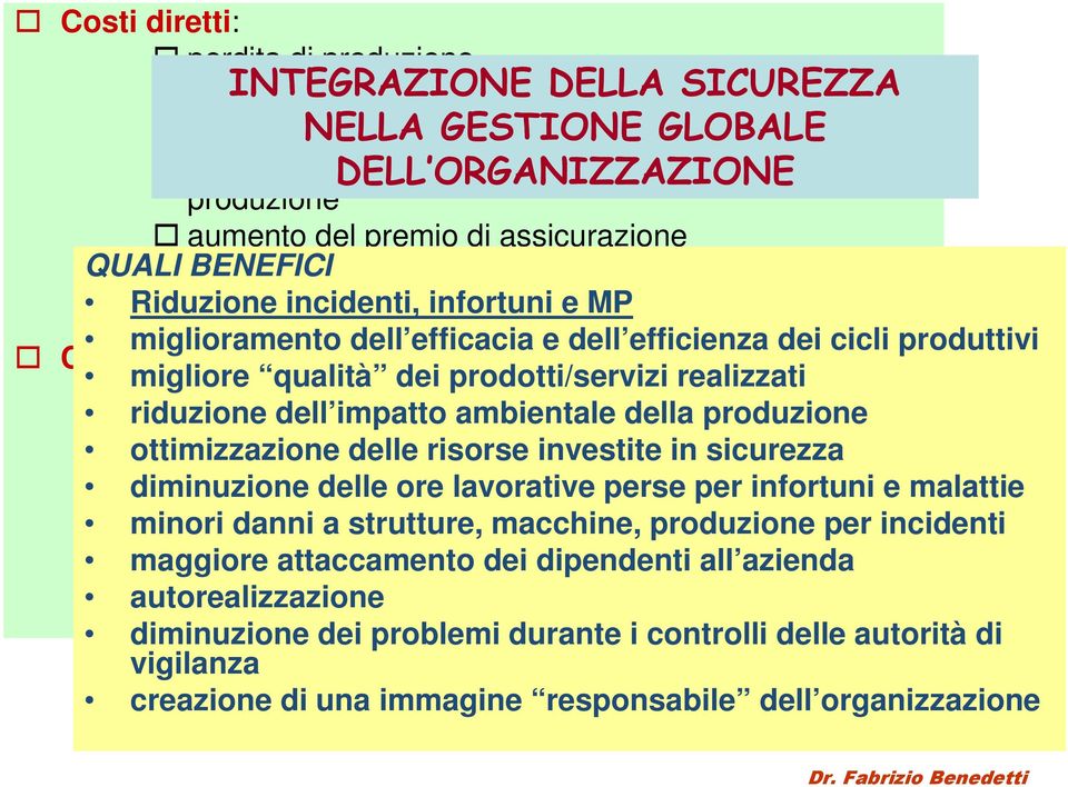 efficacia e dell efficienza dei cicli produttivi Costi indotti: migliore qualità dei prodotti/servizi realizzati riduzione danno dell impatto di immagine ambientale della produzione ottimizzazione