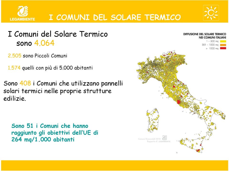 000 abitanti Sono 408 i Comuni che utilizzano pannelli solari termici nelle