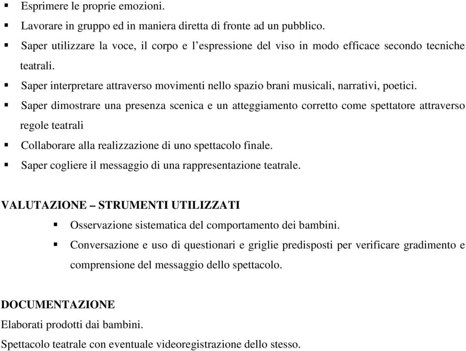 Saper dimostrare una presenza scenica e un atteggiamento corretto come spettatore attraverso regole teatrali Collaborare alla realizzazione di uno spettacolo finale.