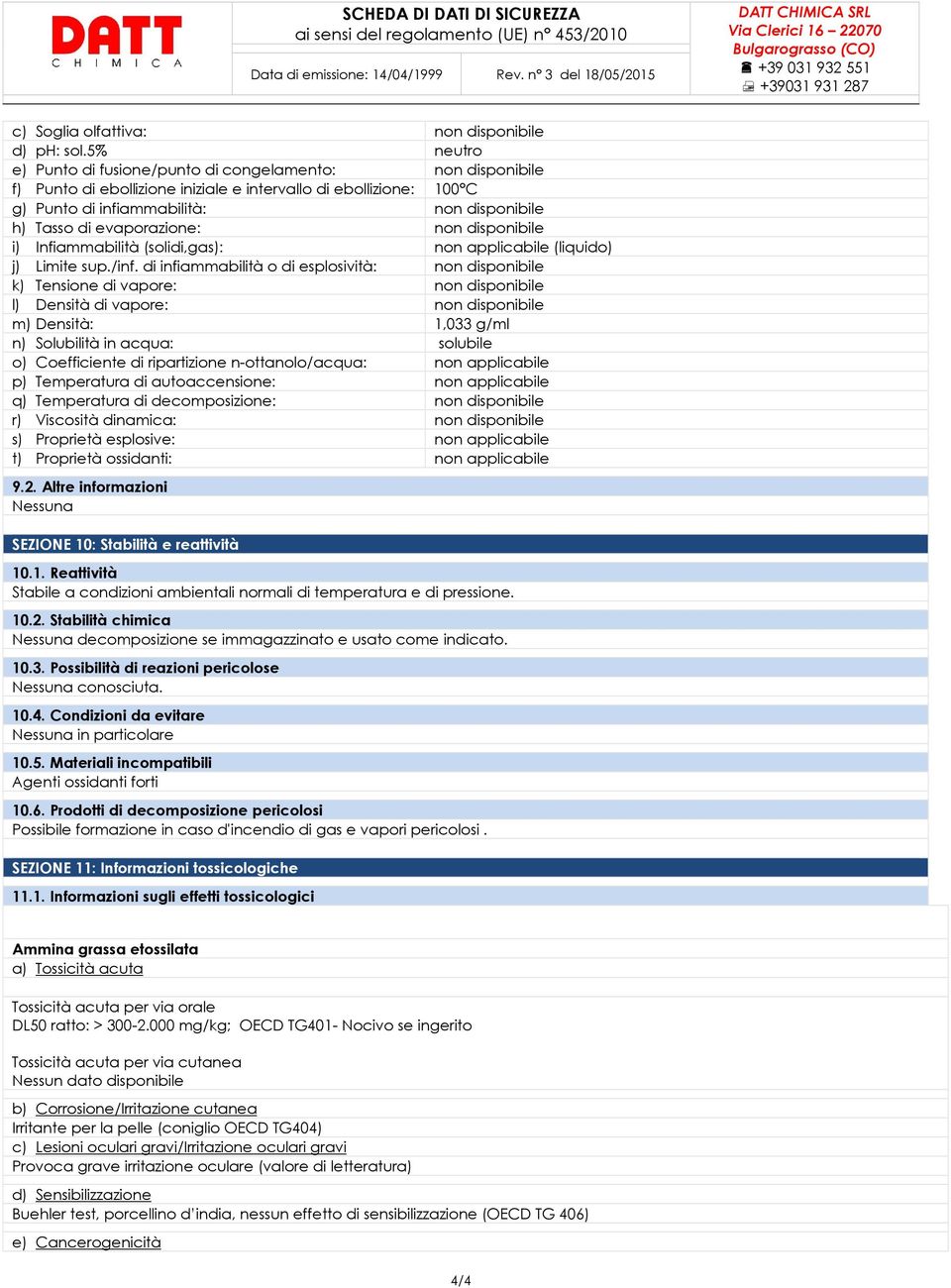 evaporazione: non disponibile i) Infiammabilità (solidi,gas): non applicabile (liquido) j) Limite sup./inf.