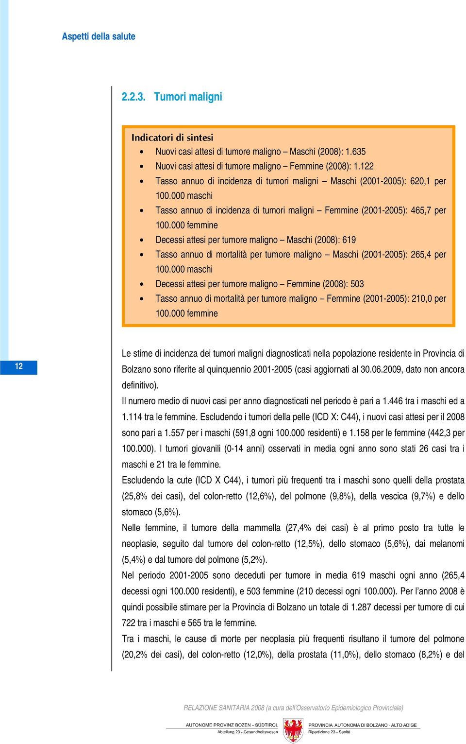 000 femmine Decessi attesi per tumore maligno Maschi (2008): 619 Tasso annuo di mortalità per tumore maligno Maschi (2001-2005): 265,4 per 100.