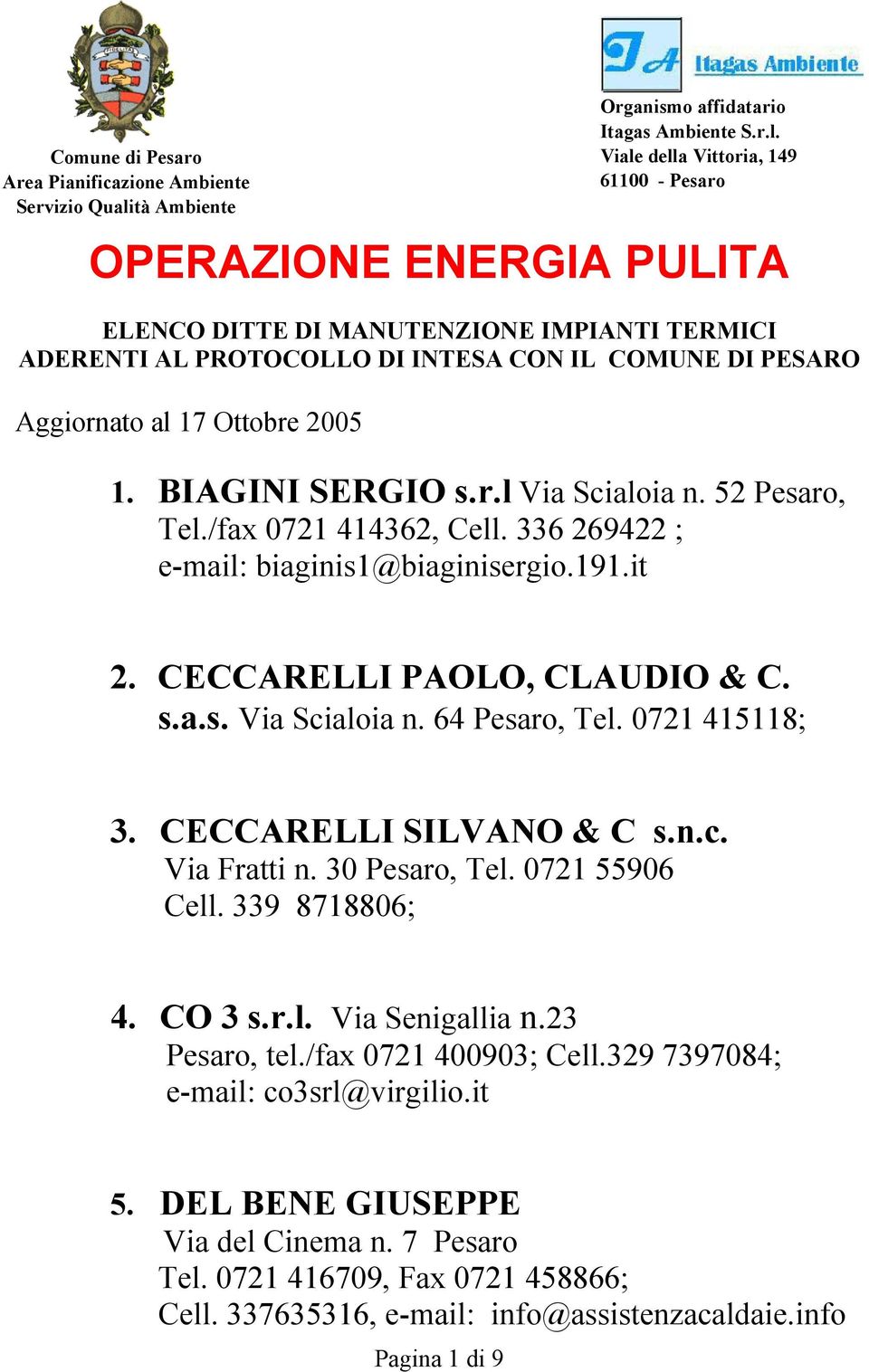 /fax 0721 414362, Cell. 336 269422 ; e-mail: biaginis1@biaginisergio.191.it 2. CECCARELLI PAOLO, CLAUDIO & C. s.a.s. Via Scialoia n. 64 Pesaro, Tel. 0721 415118; 3. CECCARELLI SILVANO & C s.n.c. Via Fratti n.