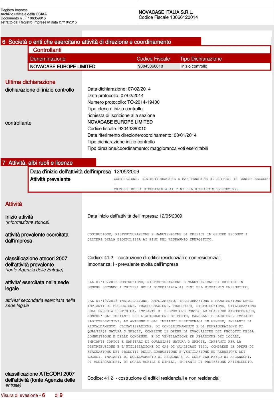 sezione controllante NOVACASE EUROPE LIMITED Codice fiscale: 93043360010 Data riferimento direzione/coordinamento: 08/01/2014 Tipo dichiarazione inizio controllo Tipo direzione/coordinamento: