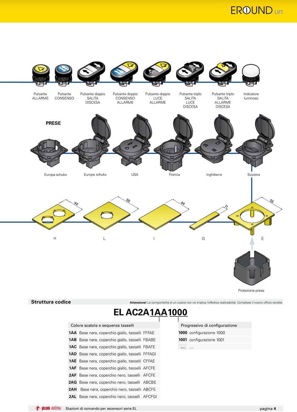 L C000 Colore scatola e sequenza tasselli Base nera, coperchio giallo, tasselli B Base nera, coperchio giallo, tasselli BB C Base nera, coperchio giallo, tasselli B D Base nera, coperchio giallo,