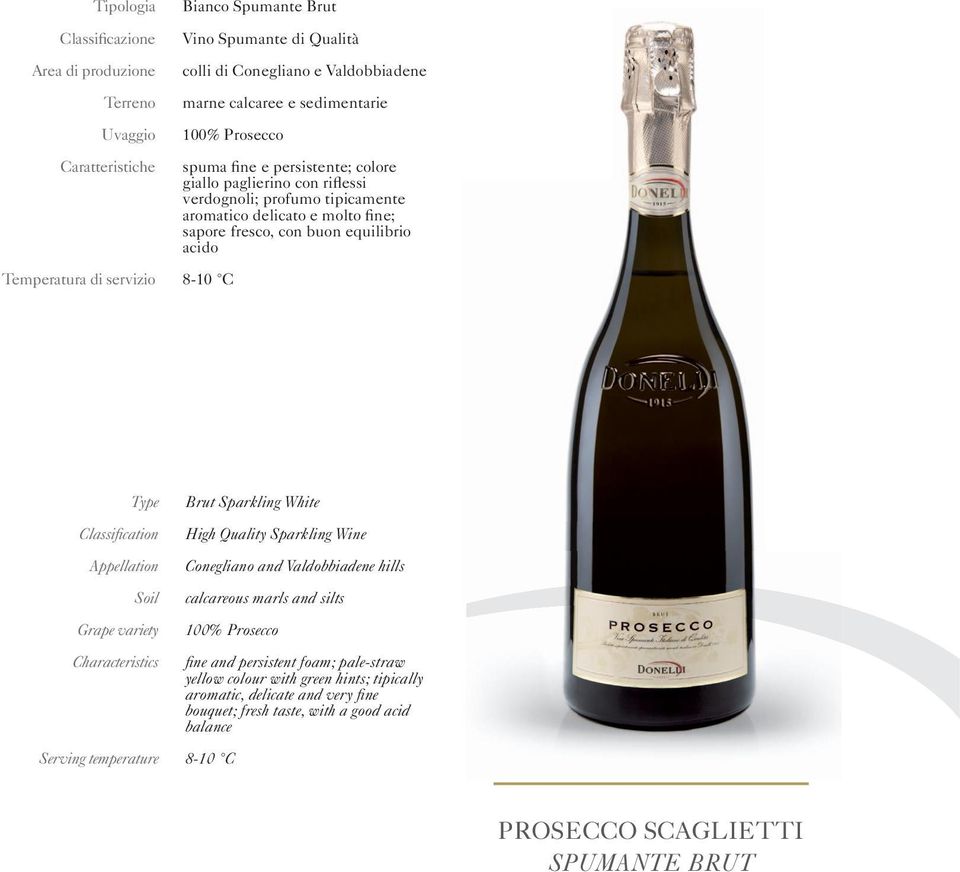 8-10 C Type Classification Appellation Soil Grape variety Characteristics Serving temperature Brut Sparkling White High Quality Sparkling Wine Conegliano and Valdobbiadene hills calcareous marls and