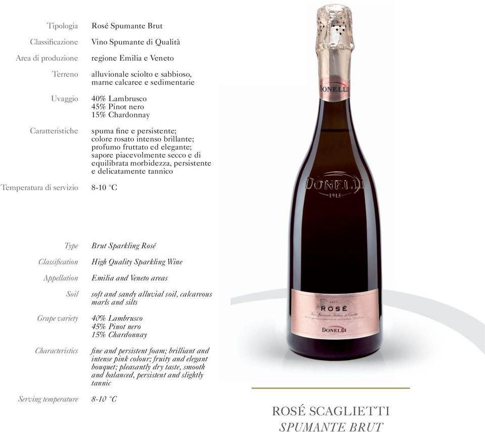 e di equilibrata morbidezza, persistente e delicatamente tannico 8-10 C Type Classification Appellation Soil Grape variety Characteristics Serving temperature Brut Sparkling Rosé High Quality