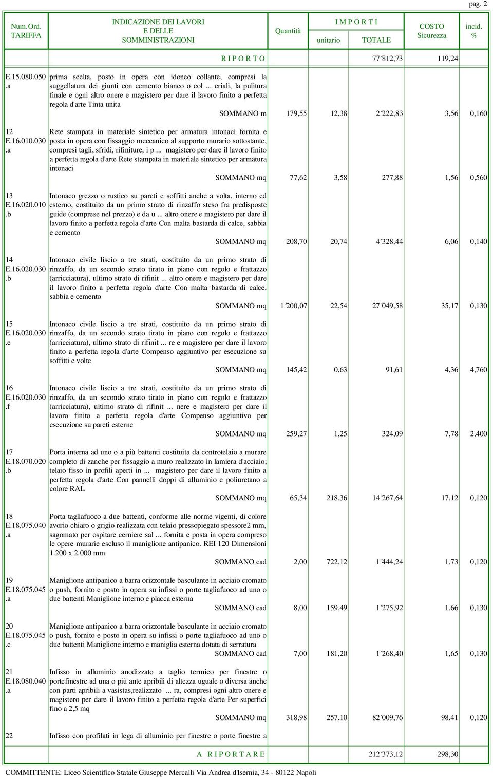 sintetico per armatura intonaci fornita e E.16.010.030 posta in opera con fissaggio meccanico al supporto murario sottostante,.a compresi tagli, sfridi, rifiniture, i p.