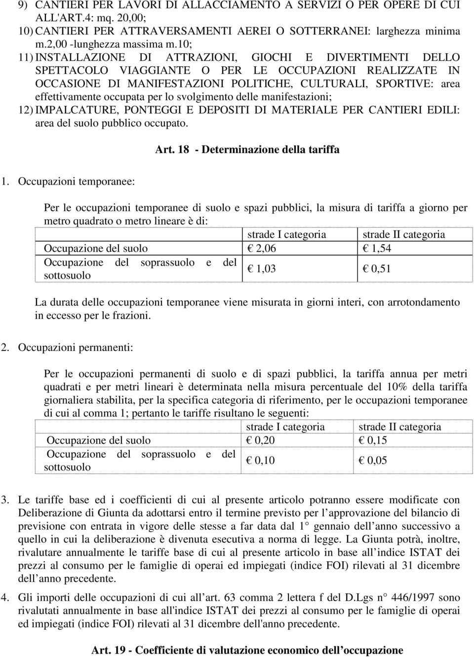 effettivamente occupata per lo svolgimento delle manifestazioni; 12) IMPALCATURE, PONTEGGI E DEPOSITI DI MATERIALE PER CANTIERI EDILI: area del suolo pubblico occupato. Art.