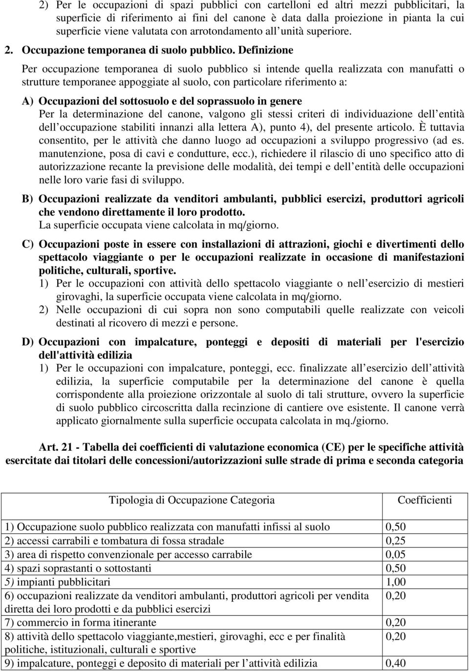 Definizione Per occupazione temporanea di suolo pubblico si intende quella realizzata con manufatti o strutture temporanee appoggiate al suolo, con particolare riferimento a: A) Occupazioni del