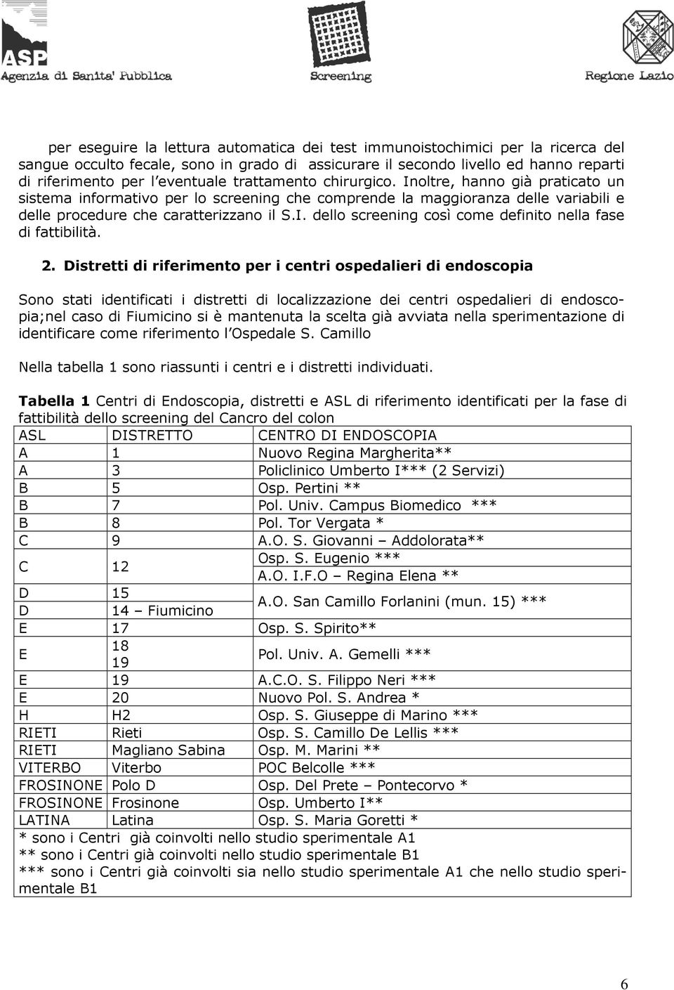 2. Distretti di riferimento per i centri ospedalieri di endoscopia Sono stati identificati i distretti di localizzazione dei centri ospedalieri di endoscopia;nel caso di Fiumicino si è mantenuta la