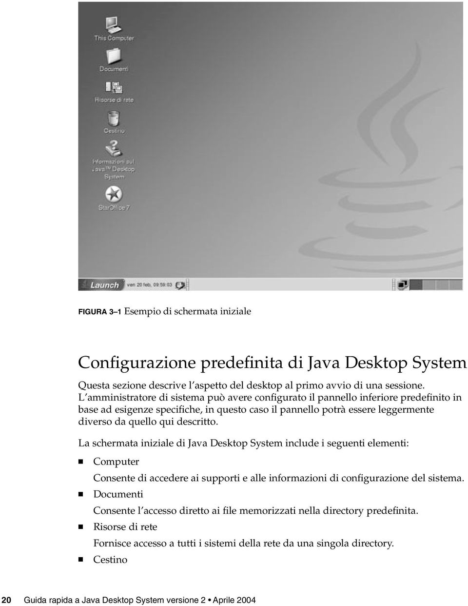 descritto. La schermata iniziale di Java Desktop System include i seguenti elementi: Computer Consente di accedere ai supporti e alle informazioni di configurazione del sistema.