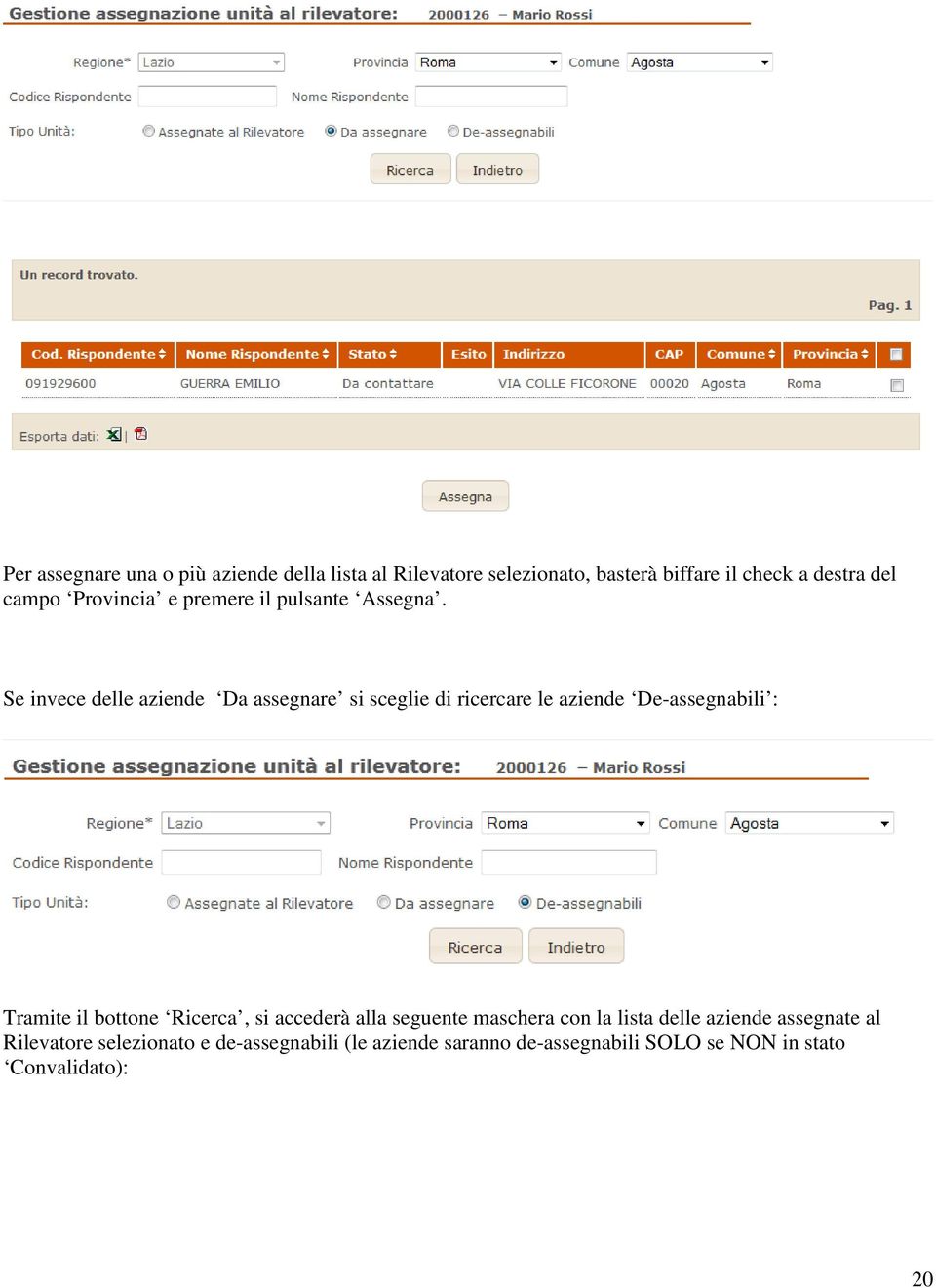 Se invece delle aziende Da assegnare si sceglie di ricercare le aziende De-assegnabili : Tramite il bottone