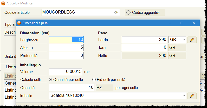 Unità di misura alternative E pssibile accedere a questa schermata tramite il pulsante pst sulla destra dell unità di misura principale dell articl.