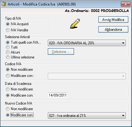 In questo modo verrà modificato il codice iva per tutti gli articoli selezionati nel frame Selezione Articoli. Si consiglia di utilizzare l opzione Tutti quelli con iva.