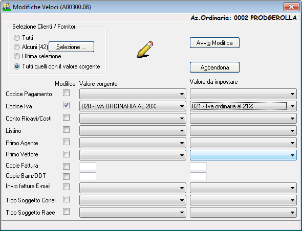 È possibile modificare puntualmente il valore del codice iva per i soli soggetti per i quali era stato impostato il codice corrispondente all iva al 20 per cento.
