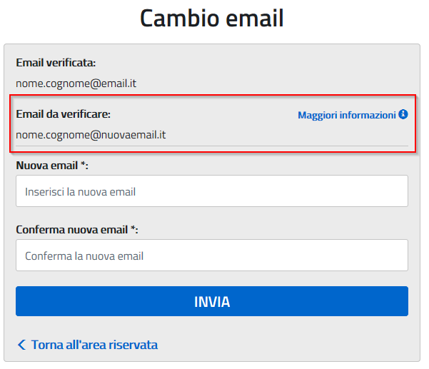 Nel caso in cui venga richiesto il cambio di indirizzo email ma il nuovo indirizzo non sia stato ancora verificato, visualizzando I propri dati personali sarà mostrato ancora il vecchio indirizzo