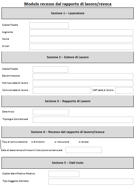 in un apposita sezione del sito www.lavoro.gov.it. Tale modello (di seguito allegato) si compone di 5 sezioni, contenenti, rispettivamente, i dati identificativi 1. del lavoratore; 2.