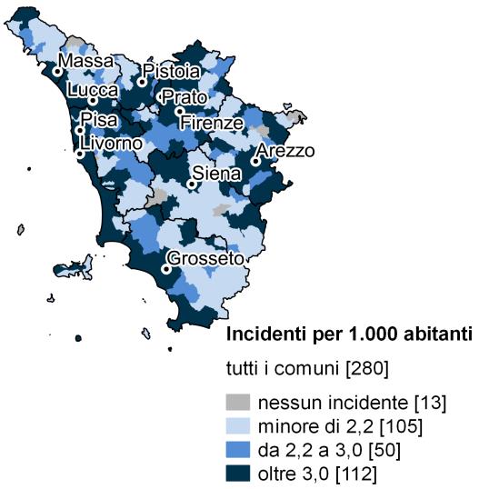 Italia 2010 Toscana 2014 Toscana 2010 Conducenti e passeggeri di motocicli Conducenti e passeggeri di velocipedi Ped oni Altri utenti 0% 20% 40% 60% 80% 100% 0% 50% 100% Il rischio di incidente