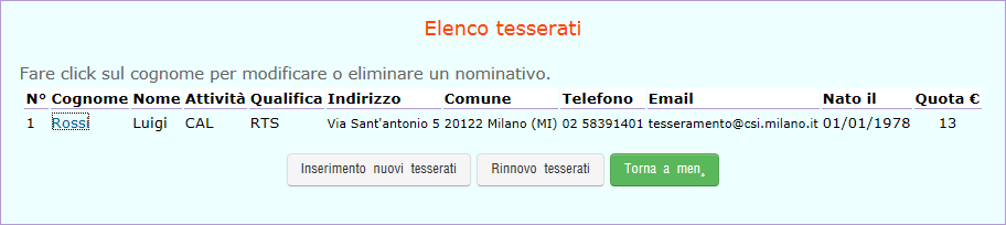 MODIFICA TESSERATI Per effettuare le modifiche sarà sufficiente cliccare sul Cognome del tesserato e sarà possibile modificare i dati oppure eliminare il tesserato.