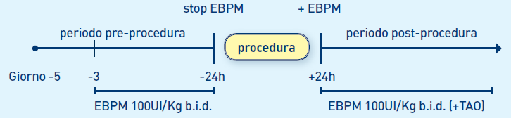 EBPM a dosi terapeutiche (100 UI/Kg b.i.d.) dal giorno -3 EBPM da sospendere circa 24 ore prima della esecuzione della procedura (ultima somministrazione la mattina precedente la procedura) EBPM a dosi terapeutiche (100 UI/Kg b.