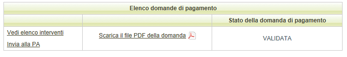 Scaricare il pdf della domanda di pagamento cliccando sul link Scarica il file PDF della domanda, salvarlo e firmarlo digitalmente.