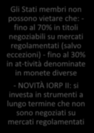 INVESTIMENTI Gli Stati membri possono emanare regole più dettagliate (anche quantitative) giustificate da regole prudenziali Gli Stati membri non possono assoggettare le decisioni di investimento ad