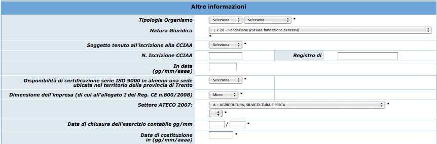 Soggetto tenuto all iscrizione alla CCIAA: campo obbligatorio, che prevede una risposta di tipo Sì/No, selezionabile da menù a tendina. N.