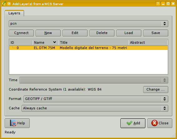 layer - dati da OWS: WCS 58 Aggiungere DTM 75m (WCS) creare una nuova connessione ad un server indirizzo del