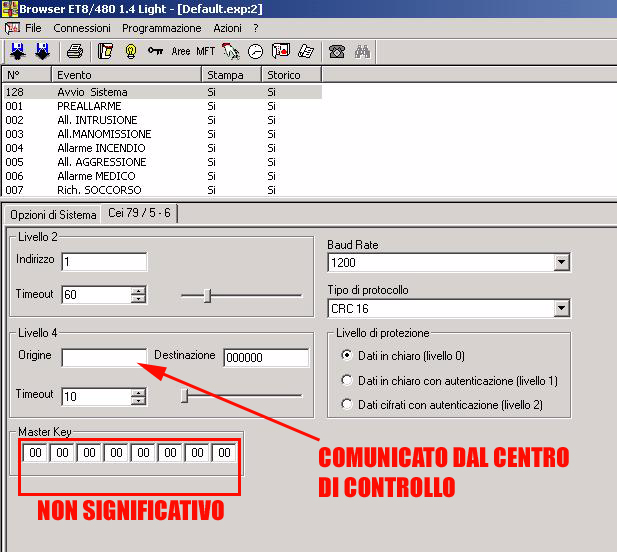 Programmazione dei parametri per la comunicazione CEI 79-5, 6 Poste Vista della sezione nel browser per la programmazione dei parametri per la connessione al CPT.