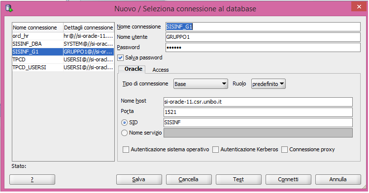 + per creare una connessione Pannello Output DBMS: - Visualizza->Output DBMS - + per abilitare Output comandi: