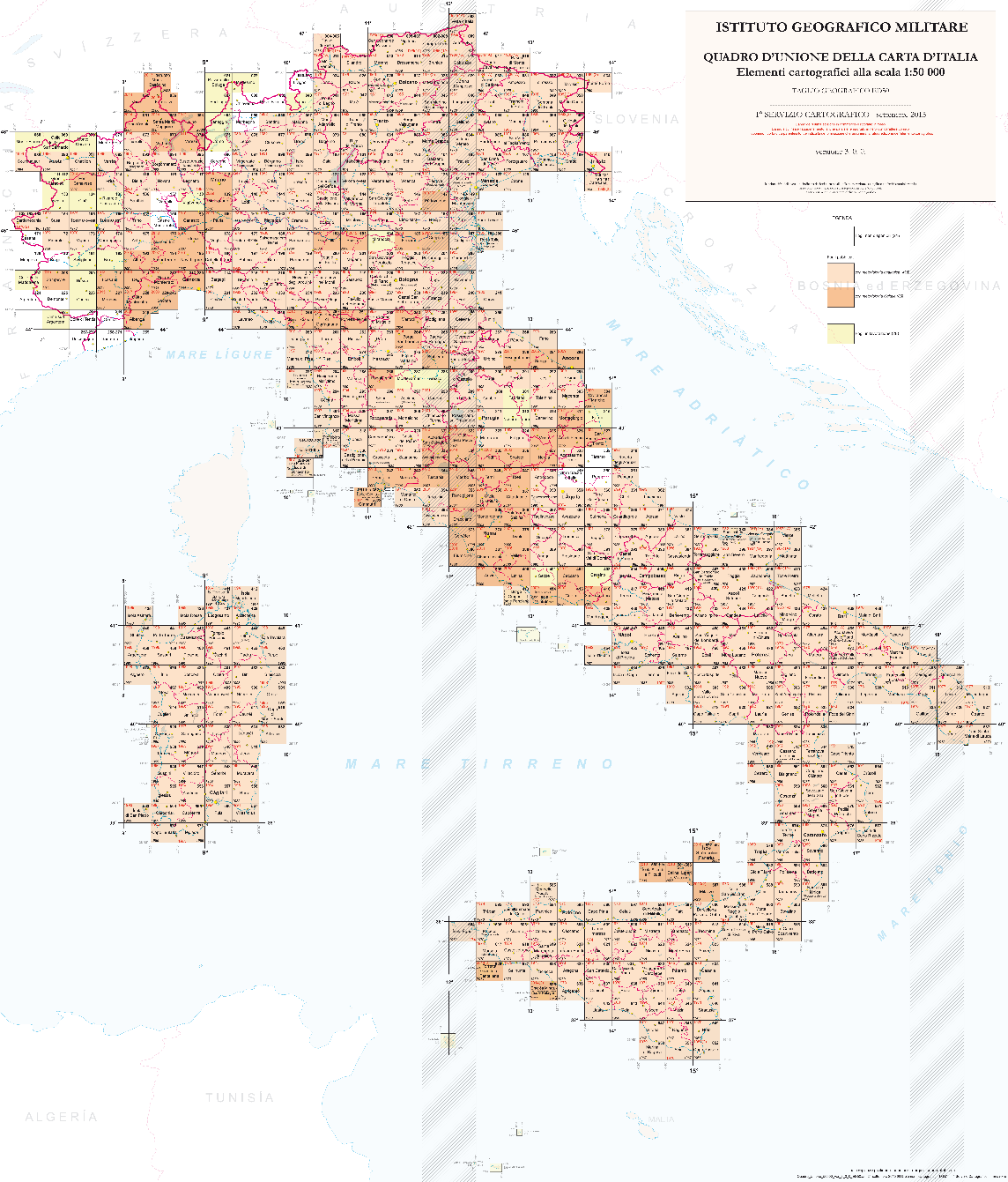 Serie 50 La situazione ad oggi è la seguente: 632 sono gli elementi cartografici che compongono la serie 583 sono gli elementi cartografici pubblicati (in arancio) - 85 pubblicati nella versione