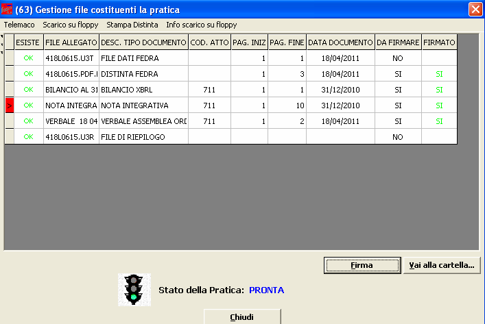 maschera di gestione file costituenti la pratica, il programma chiede conferma della volontà di apporre una ulteriore firma e poi