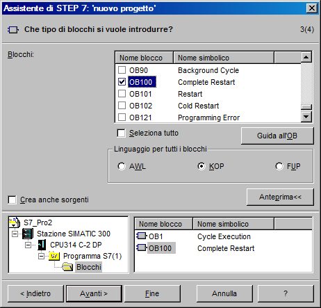 Creazione progetto Selezionare OB1 e OB100, scegliere come linguaggio di programmazione KOP e indicare il nome del progetto trapano_ladder.
