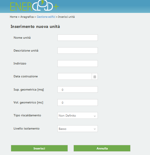 Figura 12 Inserimento nuova Unità Il sistema evidenzia quali sono i campi per procedere con l inserimento dell unità.