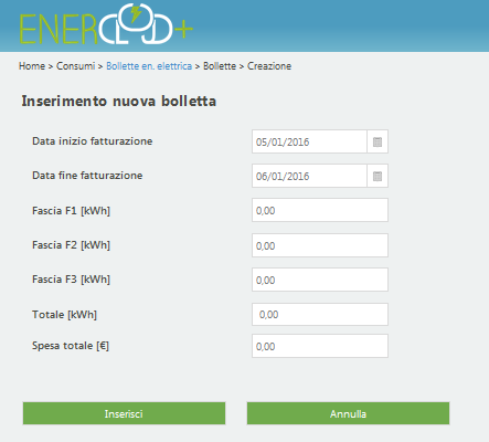 Figura 33 Dettaglio bollette Per poter inserire le bollette è necessario cliccare Nuova bolletta e il sistema presenterà la maschera seguente: Figura 34 Inserimento nuova bolletta Per poter inserire