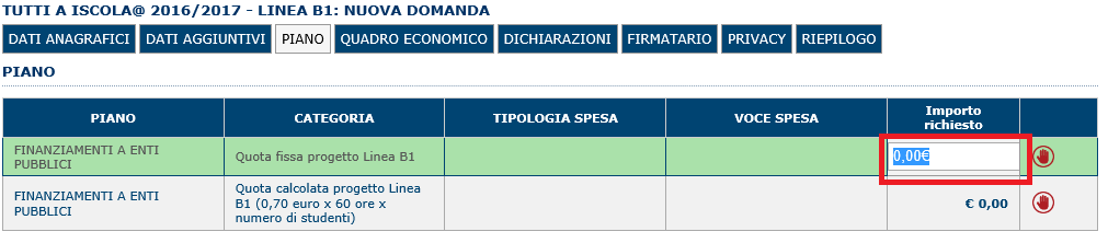 ATTENZIONE: per procedere con l inserimento dell importo richiesto è necessario cliccare