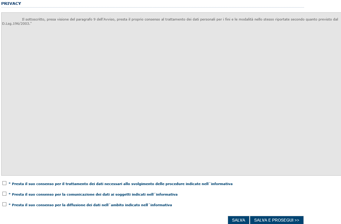 7.8. Sezione PRIVACY La scheda consente di selezionare le dichiarazioni inerenti alla privacy.
