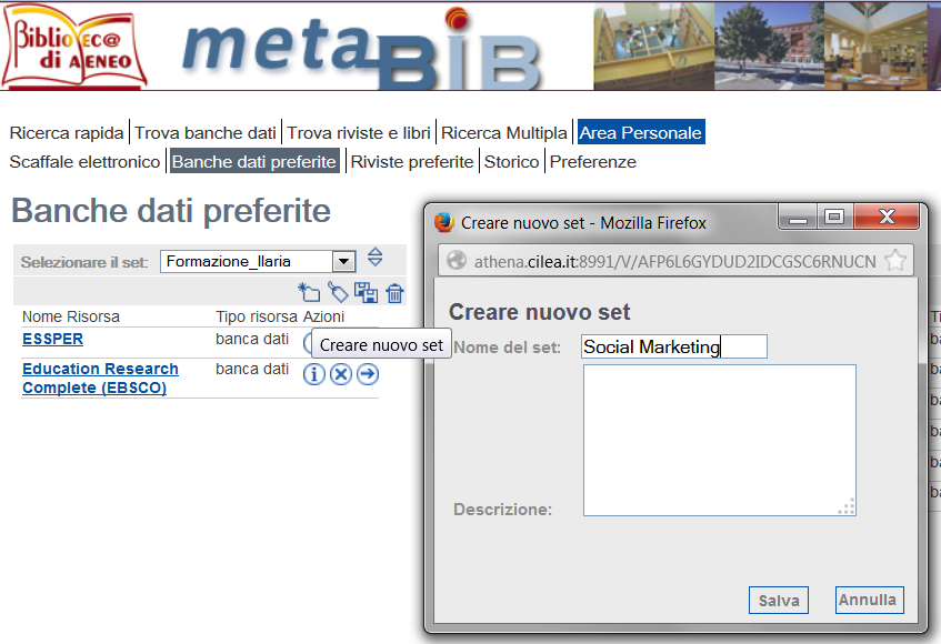 Clicca su Trova banche dati, digita il nome della banca dati che ti interessa e poi spunta la