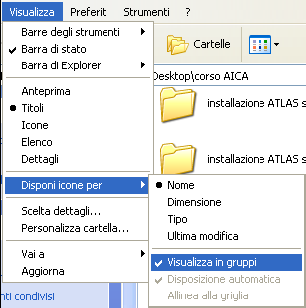 Riorganizzazione dei file e delle cartelle (1/2) La disposizione degli oggetti contenuti all interno di una cartella avviene tramite il menù Visualizza ove, cliccando sulla voce Disponi icone per si