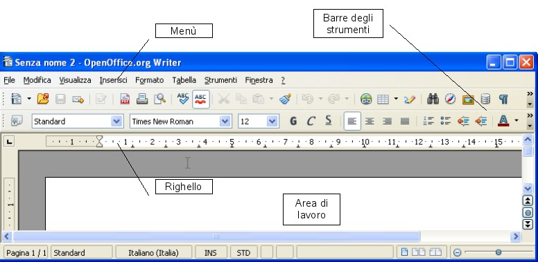 In particolare la Barra di stato mostra con riferimento alla figura che segue il numero di pagina corrente, il tipo di pagina (sinistra, destra, standard, etc.