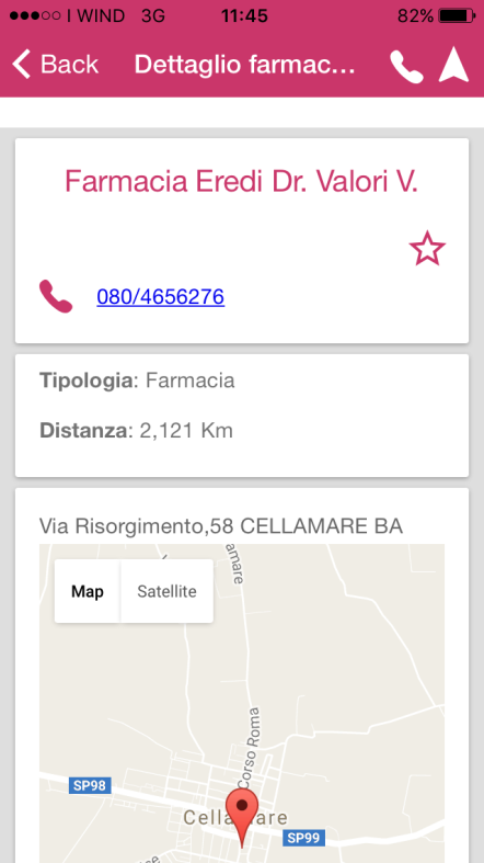 CONTINUITÀ ASSISTENZIALE (GUARDIA MEDICA) Accedendo alla funzione Continuità Assistenziale (Guardia Medica), se hai attivato il GPS, l app ti indica le Guardie Mediche a partire da quella più vicina